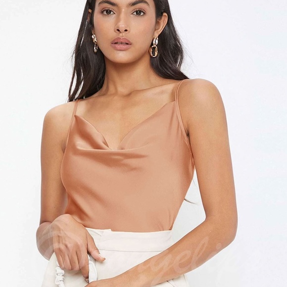 Peach Coral Orange Glamorous Cowl Neck Spaghetti Straps Camisole Top Cami, Drape - Picture 1 of 9